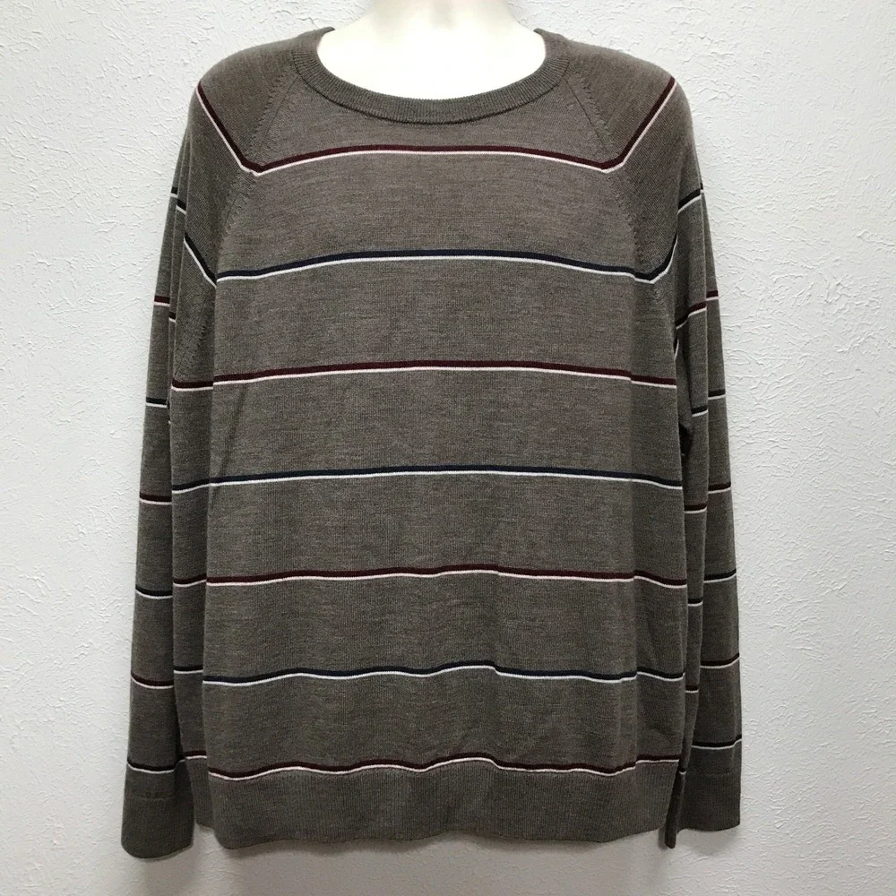 Banana Republic Sweater Mens XXL Brown Striped 100% Merino Wool Crewneck